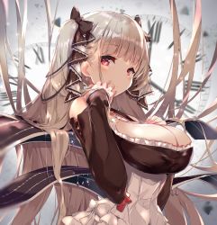 Rule 34 | 1girl, absurdres, azur lane, bare shoulders, between breasts, black dress, blush, breasts, cleavage, clock, dress, earrings, flight deck, floating hair, formidable (azur lane), frilled dress, frills, grey hair, hair ribbon, hand up, highres, jewelry, kikurage tom., large breasts, long hair, long sleeves, looking at viewer, red eyes, ribbon, rigging, smile, solo, twintails, two-tone dress, two-tone ribbon, very long hair