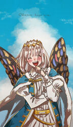 Rule 34 | 1boy, ^ ^, blue cape, blue sky, blush, butterfly wings, cape, clenched hand, closed eyes, diamond hairband, eiki (eikityou 55), facing viewer, fate/grand order, fate (series), frilled shirt collar, frills, fur-trimmed cape, fur trim, grey hair, hand on own arm, happy, highres, insect wings, juliet sleeves, long sleeves, male focus, oberon (fate), open mouth, puffy sleeves, robe, romaji text, short hair, sky, smile, solo, teeth, upper teeth only, white robe, wings