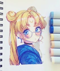 Rule 34 | absurdres, alternate costume, anny (yoai), art tools in frame, artist name, bespectacled, bishoujo senshi sailor moon, blonde hair, blue eyes, blush, choker, closed mouth, commentary, crescent, crescent earrings, crescent facial mark, dot mouth, double bun, earrings, expressionless, eyes visible through hair, facial mark, from side, glasses, graphite (medium), hair bun, hair intakes, highres, hood, hooded jacket, instagram username, jacket, jewelry, looking at viewer, looking to the side, marker, marker (medium), parted bangs, pen (medium), pendant choker, photo (medium), portrait, purple jacket, sailor moon, sideways glance, star (symbol), star choker, star earrings, traditional media, tsukino usagi, twintails, watermark, zipper, zipper pull tab