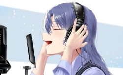 Rule 34 | 1girl, absurdres, blue hair, blue shirt, blush, closed eyes, headphones, highres, holding, holding headphones, idolmaster, idolmaster (classic), idolmaster million live!, kimi (hearty yuuki), kisaragi chihaya, microphone, music, pop filter, portrait, profile, round teeth, shirt, simple background, singing, solo, teeth, two-tone background, vest