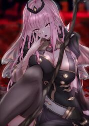 Rule 34 | 1girl, black cape, black dress, black nails, black sleeves, black thighhighs, breasts, cape, cleavage, commentary, detached sleeves, dress, highres, holding, holding scythe, holding weapon, hololive, hololive english, large breasts, long hair, looking at viewer, mori calliope, nail polish, open mouth, pink hair, red eyes, scythe, see-through, see-through sleeves, single sleeve, single thighhigh, spiked cape, tadatada yui, thighhighs, tiara, veil, virtual youtuber, weapon