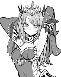Rule 34 | 1girl, absurdres, arm up, armpits, arms behind head, beads, blush, detached sleeves, dress, duel monster, greyscale, highres, lock, long hair, looking at viewer, monochrome, solo, synchroman, tearlaments scheiren, tiara, twintails, upper body, white background, yu-gi-oh!