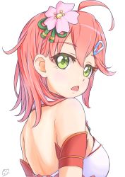 Rule 34 | 1girl, absurdres, ahoge, armband, armpits, bare back, bare shoulders, breasts, cherry blossoms, chestnut mouth, flower, from behind, green eyes, hair ornament, hairclip, highres, hololive, looking at viewer, medium hair, nontraditional miko, open mouth, pink hair, sakura miko, sakura miko (old design), shoulder blades, signature, solo, triangle mouth, trp 556, upper body, virtual youtuber, white background