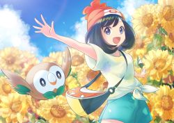 Rule 34 | 1girl, :d, arm up, artist name, bag, beanie, black hair, cloud, commentary request, creatures (company), day, eyelashes, floral print, flower, game freak, gen 7 pokemon, green shorts, grey eyes, hat, medium hair, nintendo, open mouth, outdoors, outstretched arms, pokemon, pokemon (creature), pokemon sm, punico (punico poke), red headwear, rowlet, selene (pokemon), shirt, short sleeves, shorts, shoulder bag, sky, smile, spread fingers, tied shirt, tongue, watermark, yellow flower, yellow shirt