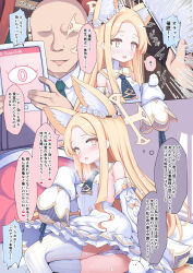 Rule 34 | 1boy, 1girl, animal ears, bald, bare shoulders, bird, black necktie, blonde hair, blue archive, blush, breasts, detached sleeves, dress, forehead, hair ornament, halo, head wreath, highres, holding, holding tablet pc, hypnosis, long hair, mind control, necktie, open mouth, panties, seia (blue archive), sensei (blue archive), shirt, small breasts, speech bubble, tablet pc, thighhighs, underwear, white dress, white panties, white shirt, white thighhighs, yako, yellow eyes