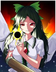Rule 34 | 1girl, absurdres, arm cannon, black hair, black sun, bow, breasts, buttons, cape, collared shirt, commentary request, control rod, fingernails, fire, frilled shirt collar, frilled sleeves, frills, green bow, grin, hair bow, highres, large breasts, long hair, looking at viewer, mo mo kaze, print headwear, red eyes, reiuji utsuho, shirt, short sleeves, smile, solo, starry sky print, sun, third eye, touhou, upper body, weapon, white cape, white shirt