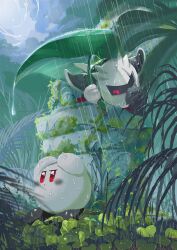 Rule 34 | 2boys, cloud, cloudy sky, commentary request, dark meta knight, hand on own head, highres, kirby (series), kirby and the amazing mirror, leaf, looking down, male focus, mask, multiple boys, nintendo, plant, rain, red eyes, red footwear, shadow kirby, sky, sugienoki, unhappy, wet
