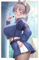 Rule 34 | 1girl, :q, animal ears, armband, belt, blue archive, blue skirt, blue sweater, breasts, brown hair, candy, fake animal ears, food, glasses, hair ornament, halo, hand on own hip, highres, holding, holding candy, holding food, holding lollipop, large breasts, lollipop, long sleeves, looking at viewer, midriff, moe (blue archive), pantyhose, pom pom (clothes), pom pom hair ornament, rabbit ears, round eyewear, saliva, saliva trail, skirt, solo, sweater, tongue, tongue out, twintails, two-tone skirt, unizou, white skirt, yellow eyes