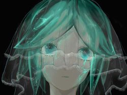 Rule 34 | 1other, aqua eyes, aqua hair, black background, blue eyes, close-up, closed mouth, colored eyelashes, cracked skin, crystal hair, eyelashes, highres, houseki no kuni, lace-trimmed headwear, lace trim, looking at viewer, other focus, phosphophyllite, portrait, see-through, short hair, simple background, solo, umino mozuku, veil