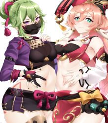 Rule 34 | 2girls, :3, absurdres, antlers, arm belt, armpit crease, asymmetrical docking, bare shoulders, black bloomers, black bra, black gloves, black mask, black nails, bloomers, blush, body markings, bow, bra, breast press, breasts, cleavage, closed mouth, commentary, covered mouth, cowboy shot, crop top, cropped jacket, detached sleeves, english commentary, fishnet top, fishnets, genshin impact, gloves, green eyes, green hair, hair between eyes, hair ornament, hat, highres, horns, jacket, kuki shinobu, long hair, long sleeves, looking at viewer, mask, medium breasts, mee don, midriff, mouth mask, multiple girls, navel, ninja mask, open clothes, open jacket, partially fingerless gloves, pelvic curtain, pink hair, pom pom (clothes), ponytail, purple eyes, purple jacket, purple rope, purple shorts, red headwear, red vest, rope, scales, see-through, see-through cleavage, shimenawa, short shorts, shorts, sidelocks, simple background, skindentation, spread navel, standing, underwear, vest, white background, white sleeves, yanfei (genshin impact), yellow bow
