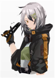Rule 34 | 1girl, absurdres, artist name, black gloves, black jacket, brown eyes, candy, closed mouth, commentary, croque (neural cloud), food, girls&#039; frontline, girls&#039; frontline neural cloud, gloves, grey hair, hair ornament, hairpin, highres, holding, holding instrument, instrument, jacket, lollipop, looking at viewer, medium hair, mouth hold, one eye closed, open clothes, open jacket, shirt, solo, sutekina awa, upper body, white background, white shirt