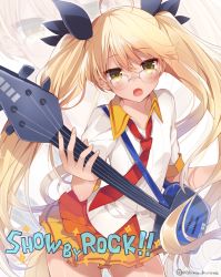 Rule 34 | 10s, 1girl, :o, artist name, bass guitar, blonde hair, blush, copyright name, dog tail, glasses, hair ornament, instrument, left-handed, long hair, looking at viewer, mishima kurone, necktie, open mouth, retoree (show by rock!!), show by rock!!, skirt, solo, tail, twintails, twitter username, yellow eyes, zoom layer