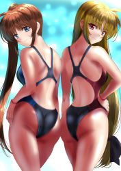 Rule 34 | 2girls, ass, ass-to-ass, black one-piece swimsuit, blonde hair, blue eyes, brown hair, commentary request, competition swimsuit, fate testarossa, from behind, hand on own hip, highleg, highleg swimsuit, highres, long hair, looking at viewer, low-tied long hair, lyrical nanoha, mahou shoujo lyrical nanoha strikers, multiple girls, one-piece swimsuit, red eyes, sen (sansui), side ponytail, smile, swimsuit, symmetry, takamachi nanoha, wristband