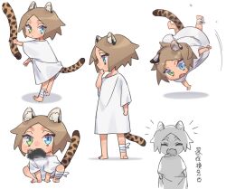 Rule 34 | 1boy, animal ears, animal in mouth, bandaged leg, bandages, blue eyes, cat ears, cat tail, censored, chibi, collage, fang, full body, green eyes, heterochromia, isaac (adey), looking at viewer, male focus, medium hair, monochrome, mosaic censoring, multiple views, off shoulder, open mouth, original, oversized clothes, oversized shirt, parted bangs, shadow, shirt, skin fang, solo, squatting, standing, tail, tail grab, ten (lu2948d), white background, white shirt