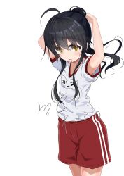 Rule 34 | 1girl, ahoge, alternate costume, alternate hairstyle, commentary request, cowboy shot, gym shirt, gym shorts, gym uniform, kantai collection, long hair, meitoro, mikazuki (kancolle), mouth hold, name tag, ponytail, red shorts, rubber band, shirt, shorts, simple background, solo, t-shirt, white background, white shirt, yellow eyes