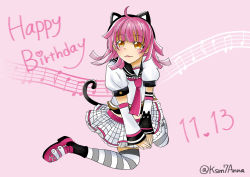 Rule 34 | 1girl, absurdres, animal ear headphones, animal ears, animal print, arm warmers, artist name, artist request, belt, black bow, black sailor collar, blunt bangs, blush, bow, bow legwear, breasts, brown eyes, cat ear headphones, cat print, cat tail, checkered clothes, checkered skirt, collarbone, crown print, dokipipo emotion, dokipipo emotion (love live!), fake animal ears, female focus, flat chest, floating hair, grey legwear, hair ornament, headphones, heart, heart (symbol), heart print, highres, looking at viewer, love live!, love live! nijigasaki high school idol club, love live! school idol festival, miniskirt, musical note, neckerchief, necktie, parted lips, pink background, pink belt, pink footwear, pink hair, pink neckerchief, pink necktie, plaid, plaid skirt, pleated, pleated skirt, puffy short sleeves, puffy sleeves, sailor collar, shirt, shoes, short hair, short sleeves, sitting, skirt, small breasts, smile, solo, star (symbol), star print, striped legwear, striped sleeves, suspenders, tail, tennoji rina, white legwear, white shirt, white skirt, yellow eyes