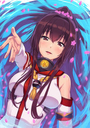 Rule 34 | 10s, 1girl, afloat, breasts, brown eyes, brown hair, cherry blossoms, commentary request, floating, floating hair, flower, foreshortening, hair flower, hair ornament, highres, kantai collection, long hair, looking at viewer, lying, medium breasts, on back, open mouth, outstretched arm, petals, petals on liquid, ponytail, reaching, reaching towards viewer, solo, upper body, water, yamato (kancolle), yosaku (j-tp)