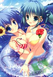Rule 34 | 2girls, absurdres, asymmetrical docking, bare shoulders, between breasts, bikini, blue hair, blue sky, blush, bracelet, breast press, breasts, cleavage, day, digital media player, exit tunes, female focus, flower, front-tie top, green hair, hair flower, hair ornament, hair ribbon, hairclip, hibiscus, highres, innertube, jewelry, looking at viewer, medium breasts, mikeou, multiple girls, musical note, necklace, partially submerged, pearl necklace, ribbon, see-through, short hair, side-tie bikini bottom, sky, smile, striped bikini, striped clothes, swim ring, swimsuit, twintails, water, yuri