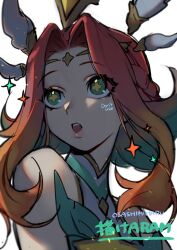 Rule 34 | 1girl, :o, absurdres, bare shoulders, bow, bowtie, braid, brown hair, green bow, green bowtie, green eyes, hair ornament, highres, league of legends, long hair, looking to the side, neeko (league of legends), parted bangs, portrait, red hair, simple background, solo, sparkle, star guardian neeko, teeth, upper teeth only, white background, wosashimi