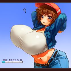 Rule 34 | 1girl, arms up, blue eyes, blush, breasts, brown hair, crop top, female focus, gigantic breasts, hat, image sample, navel, pixiv sample, puffy nipples, sachito, saliva, shirt, short hair, solo, taut clothes, taut shirt, translation request
