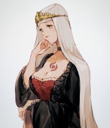 Rule 34 | 1girl, amidura, arm under breasts, black choker, black dress, breasts, chest tattoo, choker, cleavage, closed mouth, coif, commentary request, crown, dress, fate/grand order, fate (series), frilled dress, frills, hand on own chin, hand up, highres, korean commentary, large breasts, light smile, lips, long sleeves, looking afar, looking down, red dress, sessyoin kiara, sessyoin kiara (festival outfit), simple background, solo, tattoo, two-tone dress, upper body, white background, white headwear, white veil, wide sleeves, yellow eyes