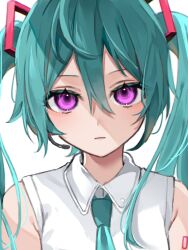 Rule 34 | 1girl, :|, alternate eye color, aqua hair, arubi nowaru, bare shoulders, blue necktie, closed mouth, commentary, hair between eyes, hair ornament, hatsune miku, headphones, highres, long hair, looking at viewer, mouthpiece, necktie, portrait, purple eyes, ringed eyes, shirt, sleeveless, solo, symbol-only commentary, twintails, very long hair, vocaloid, white background