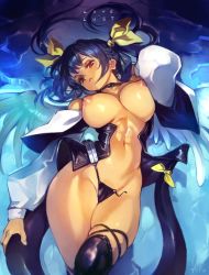 Rule 34 | 1girl, angel wings, asymmetrical wings, bare shoulders, belt, blue hair, breasts, choker, commentary, curvy, detached sleeves, dizzy (guilty gear), english commentary, english text, green wings, guilty gear, guilty gear x, guilty gear xx, hair ribbon, hair rings, head tilt, highres, large breasts, long sleeves, lying, navel, nipples, on back, optionaltypo, puffy long sleeves, puffy sleeves, red eyes, ribbon, signature, skindentation, solo, stomach, tail, tail ornament, tail ribbon, thick thighs, thighs, toned, topless, twintails, underboob, water, white wings, wings, yellow ribbon