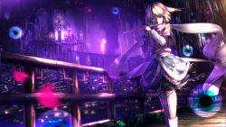 Rule 34 | 1girl, arm warmers, blonde hair, bridge, building, castle, dress, elf, flute, green eyes, highres, instrument, kneehighs, looking at viewer, mizuhashi parsee, petals, pointy ears, railing, reflection, revision, river, ryosios, scarf, short hair, socks, solo, touhou