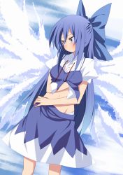Rule 34 | 1girl, alternate hairstyle, blue eyes, blue hair, blush, bow, cirno, clothes pull, groin, hair bow, highres, long hair, matching hair/eyes, midriff, navel, nigo (aozoragarou), aged up, panties, skirt, skirt pull, solo, tears, touhou, underwear, undressing, untied, white panties, wings