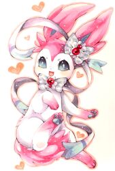 Rule 34 | animal focus, blue bow, blue bowtie, blue eyes, blush, bow, bowtie, creatures (company), full body, game freak, gem, gen 6 pokemon, hair bow, happy, heart, highres, light blush, mofu (moffuri sippo), nintendo, no humans, open mouth, outline, pawpads, pink outline, pokemon, pokemon (creature), red gemstone, ribbon, simple background, smile, solo, striped bow, striped bowtie, striped clothes, sylveon, traditional media, white background, white ribbon