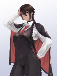 Rule 34 | 1girl, black choker, braid, braided ponytail, brown eyes, brown hair, choker, closed mouth, collared shirt, commentary, dated commentary, english commentary, formal, hand on own face, highres, hunyan, jacket, jacket on shoulders, long hair, long sleeves, looking at viewer, necktie, original, pants, red necktie, shirt, sierra (hunyan), simple background, smile, solo, standing, suit, tan, very long hair, vest, white background, white shirt, xiao (hunyan)