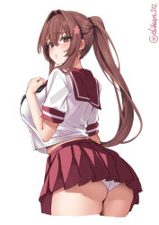 Rule 34 | 1girl, ass, blush, breasts, brown eyes, brown hair, ebifurya, flower, hair flower, hair ornament, highres, kantai collection, large breasts, long hair, looking at viewer, one-hour drawing challenge, panties, parted lips, pleated skirt, ponytail, red sailor collar, red skirt, sailor collar, school uniform, serafuku, simple background, skirt, solo, twitter username, underwear, very long hair, wedgie, white background, white panties, yamato (kancolle)