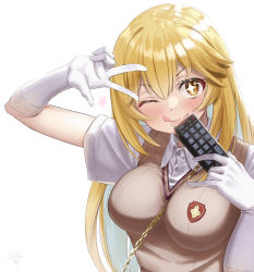 Rule 34 | + +, 1girl, :q, absurdres, between breasts, blonde hair, blush, breasts, brown sweater, collared shirt, commentary request, controller, elbow gloves, gloves, hair between eyes, hands up, highres, holding, holding remote control, large breasts, long hair, looking at viewer, remote control, school uniform, shirt, shokuhou misaki, short sleeves, sidelocks, signature, simple background, smile, solo, spider web print, star (symbol), strap between breasts, sweater, sweater vest, symbol-shaped pupils, taiga (ryukyu-6102-8), toaru kagaku no railgun, toaru majutsu no index, tokiwadai school uniform, tongue, tongue out, upper body, v-neck, v over eye, white background, white gloves, white shirt, yellow eyes