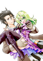Rule 34 | 1boy, 1girl, alvin (tales), brown eyes, brown hair, carrying, coat, dress, elize lutus, frills, gloves, green eyes, green hair, open mouth, ribbon, tales of (series), tales of xillia, thighhighs