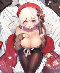 Rule 34 | 1girl, aran sweater, azur lane, bare shoulders, belfast (azur lane), belfast (shopping with the head maid) (azur lane), beret, black pantyhose, black skirt, blush, breasts, brown sweater, cable knit, choker, cleavage, collarbone, earrings, food, from above, hand on own chest, hat, highres, hoop earrings, jewelry, large breasts, long hair, looking at viewer, looking up, low-tied long hair, off-shoulder sweater, off shoulder, pantyhose, pencil skirt, pocky, purple eyes, red hat, rimsuk, shawl, silver hair, sitting, skirt, solo, sweater, very long hair