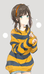 Rule 34 | 1girl, black sweater, blue shorts, brown hair, closed mouth, cowboy shot, expressionless, green eyes, grey background, hair over shoulder, hairband, looking at viewer, low twintails, orange hairband, original, shiina kuro, shorts, simple background, sleeves past wrists, solo, striped clothes, striped sweater, sweater, twintails, two-tone sweater, yellow sweater