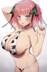 Rule 34 | 1girl, animal print, arms up, bikini, blush, breasts, character request, cleavage, cow print, highres, huge breasts, looking at viewer, open mouth, pink hair, sideboob, simple background, solo, sweat, swimsuit, tagme, usa b