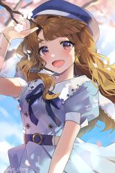 Rule 34 | 1girl, :d, artist name, banned artist, belt, beret, blue belt, blue hat, blue ribbon, blue shirt, blush, brown hair, cherry blossoms, commentary request, hat, highres, idolmaster, idolmaster million live!, idolmaster million live! theater days, long hair, looking at viewer, miyao miya, open mouth, puffy short sleeves, puffy sleeves, red eyes, ribbon, sake dong, shirt, short sleeves, smile, solo, thick eyebrows