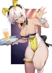 Rule 34 | 1girl, animal ears, bare shoulders, blue eyes, breasts, commentary, fishnets, glass, highres, large breasts, leotard, looking at viewer, original, playboy bunny, rabbit ears, short hair, simple background, solo, symbol-only commentary, thick thighs, thigh strap, thighs, tokuno yuika, tongue, tongue out, tray, white hair