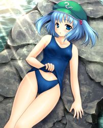 Rule 34 | 1girl, blue eyes, blue hair, female focus, hair bobbles, hair ornament, kawashiro nitori, lying, matching hair/eyes, midriff, one-piece swimsuit, school swimsuit, school swimsuit flap, short hair, solo, swimsuit, touhou, twintails, two side up, yamasan