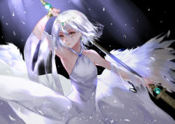 Rule 34 | 1girl, bare shoulders, breasts, character request, dress, feathers, hair between eyes, halter dress, halterneck, highres, holding, holding weapon, jewelry, looking at viewer, medium breasts, necklace, parted lips, short hair, silver hair, solo, tower of saviors, vardan, weapon, weapon request, white dress, white wings, wings, yellow eyes