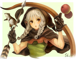 Rule 34 | 1girl, animal, apple, arrow (projectile), black gloves, border, bow (weapon), braid, breasts, brown eyes, cape, cropped torso, dragon&#039;s crown, elf, elf (dragon&#039;s crown), food, fruit, gloves, green background, grey hair, highres, holding, holding arrow, holding bow (weapon), holding weapon, hood, hood up, hooded cape, long hair, medium breasts, parted lips, pointy ears, ponytail, sho.t, signature, simple background, sleeveless, squirrel, twin braids, upper body, weapon, white border