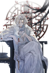 Rule 34 | 1boy, alternate hairstyle, chair, chinese clothes, highres, holding, holding smoking pipe, jingsang w, kiseru, long hair, long sleeves, looking at viewer, simple background, sitting, smoking, smoking pipe, solo, tears of themis, vyn richter (tears of themis), white background, white hair, yellow eyes