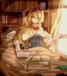 Rule 34 | 2girls, alice margatroid, bad id, bad pixiv id, bed sheet, black vest, blonde hair, blue dress, book, bookshelf, bow, breasts, capelet, couple, cover, cup, curtains, day, dress, expressionless, hair down, hairband, holding, holding cup, indoors, kirisame marisa, light particles, long hair, long sleeves, looking at another, looking down, meng ziya, multiple girls, open book, pillow, shirt, short hair, sketch, sleeping, sunlight, touhou, vest, white shirt, yuri