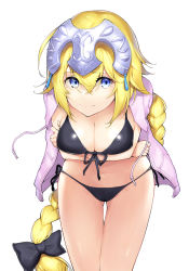 Rule 34 | 1girl, bad id, bad pixiv id, bikini, black bikini, black bow, blonde hair, blue eyes, bow, braid, breasts, cowboy shot, crossed arms, dabuki, fate/apocrypha, fate/grand order, fate (series), front-tie top, hair bow, headpiece, highres, jacket, jeanne d&#039;arc (fate), jeanne d&#039;arc (ruler) (fate), jeanne d&#039;arc (white cruising) (fate), large breasts, leaning forward, long braid, long hair, looking at viewer, pink jacket, simple background, single braid, solo, swimsuit, thigh gap, very long hair, white background