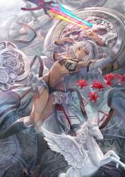 Rule 34 | 1girl, altera (fate), bare shoulders, black legwear, commentary request, dark-skinned female, dark skin, detached sleeves, fate/grand order, fate (series), flower, gears, long hair, lying, midriff, nail polish, navel, outdoors, partially submerged, photon ray (fate), red eyes, revision, solo, statue, sword, tattoo, torino aqua, veil, water, weapon, white hair