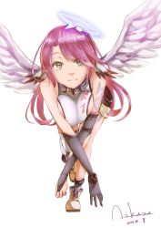 Rule 34 | 10s, 1girl, aika asa, angel wings, asymmetrical legwear, breasts, bridal gauntlets, spiked halo, feathered wings, gloves, halo, jibril (no game no life), large breasts, leaning forward, long hair, low wings, magic circle, mismatched legwear, no game no life, pink hair, sideboob, smile, solo, standing, standing on one leg, tattoo, thighhighs, very long hair, white wings, wing ears, wings, yellow eyes