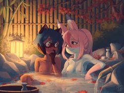 Rule 34 | 2girls, absurdres, animal ear fluff, animal ears, autumn leaves, bad id, bad pixiv id, bamboo fence, blue hair, bottle, brand new animal, breasts, choko (cup), cup, eye contact, face-to-face, fence, finger to mouth, fox ears, fox girl, furry, furry female, furry with furry, highres, hiwatashi nazuna, kagemori michiru, lantern, leaf, long hair, looking at another, michirutnk, multiple girls, night, nipples, nude, onsen, outdoors, partially submerged, pink eyes, pink hair, ponytail, raccoon ears, raccoon girl, red eyes, sake bottle, same-sex bathing, shared bathing, short hair, sitting, small breasts, smile, tree, water, yuri