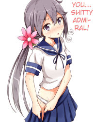Rule 34 | 10s, 1girl, aikawa ryou, akebono (kancolle), bell, blue skirt, commentary request, eyebrows, flower, hair bell, hair flower, hair ornament, hard-translated, heavy breathing, highres, jingle bell, kantai collection, long hair, looking at viewer, open clothes, open skirt, panties, pleated skirt, purple eyes, purple hair, school uniform, serafuku, shitty admiral (phrase), short sleeves, side ponytail, skirt, solo, sweat, third-party edit, translated, underwear, very long hair, white background, white panties