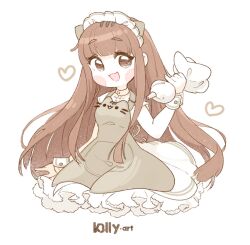 Rule 34 | 1girl, angelica (k3lly), animal ears, artist name, blush stickers, brown eyes, brown hair, cat ears, commentary, drawn heart, dress, english commentary, fake animal ears, frilled dress, frills, green dress, headdress, heart, heart-shaped pupils, highres, holding, k3lly, long hair, looking at viewer, open mouth, original, short sleeves, simple background, smile, solo, symbol-shaped pupils, upper body, very long hair, watermark, white background, white headdress